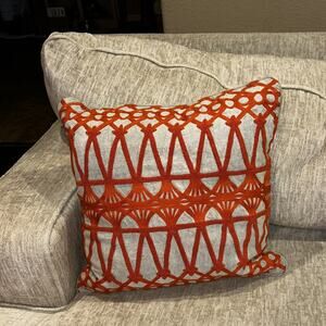 Classic Concepts Linen Pillow Orange Geometric Embroidered Deco Duck Feather 19"